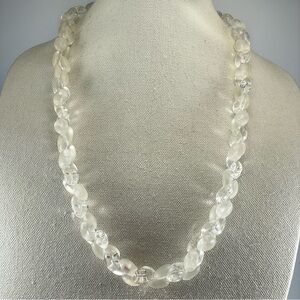 Stunning Unsigned Vintage White Frosted Oval Glass Beaded Statement Necklace